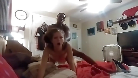 Blonde with small tits enjoys her lover's big white cock