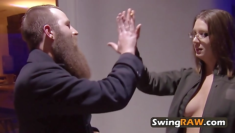 Hot interracial threesome with a hot ebony and brunette