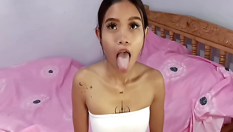 Asian girl with small tits and natural tits riding a white cock
