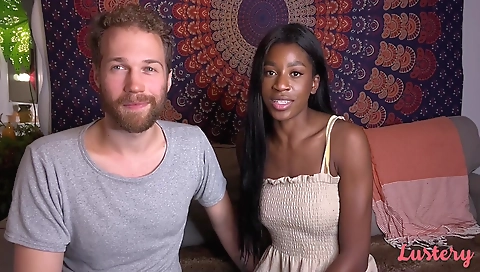 Ebony brunette gets on her knees and gets cunnilingus from behind