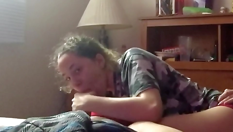 Blonde stepmom helps her daddy with his morning wood