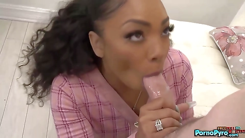 Ebony brunette takes huge dick deep throat in public