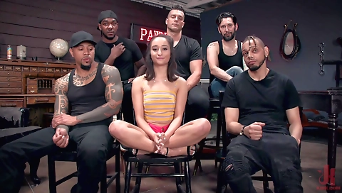 couple in a pawn shop party enjoys double penetration