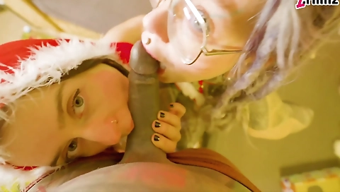 Blonde and brunette with tattoos having a threesome