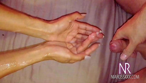 Ebony MILF has her natural body rubbed with cum hand lotion