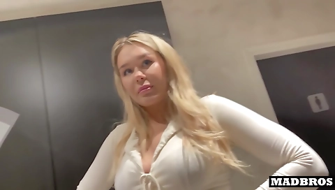 Blonde is fucked in the toilet and in the elevator