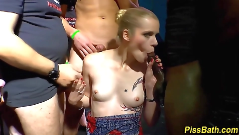 Blonde in tattooed lingerie with a big cock in the group sex